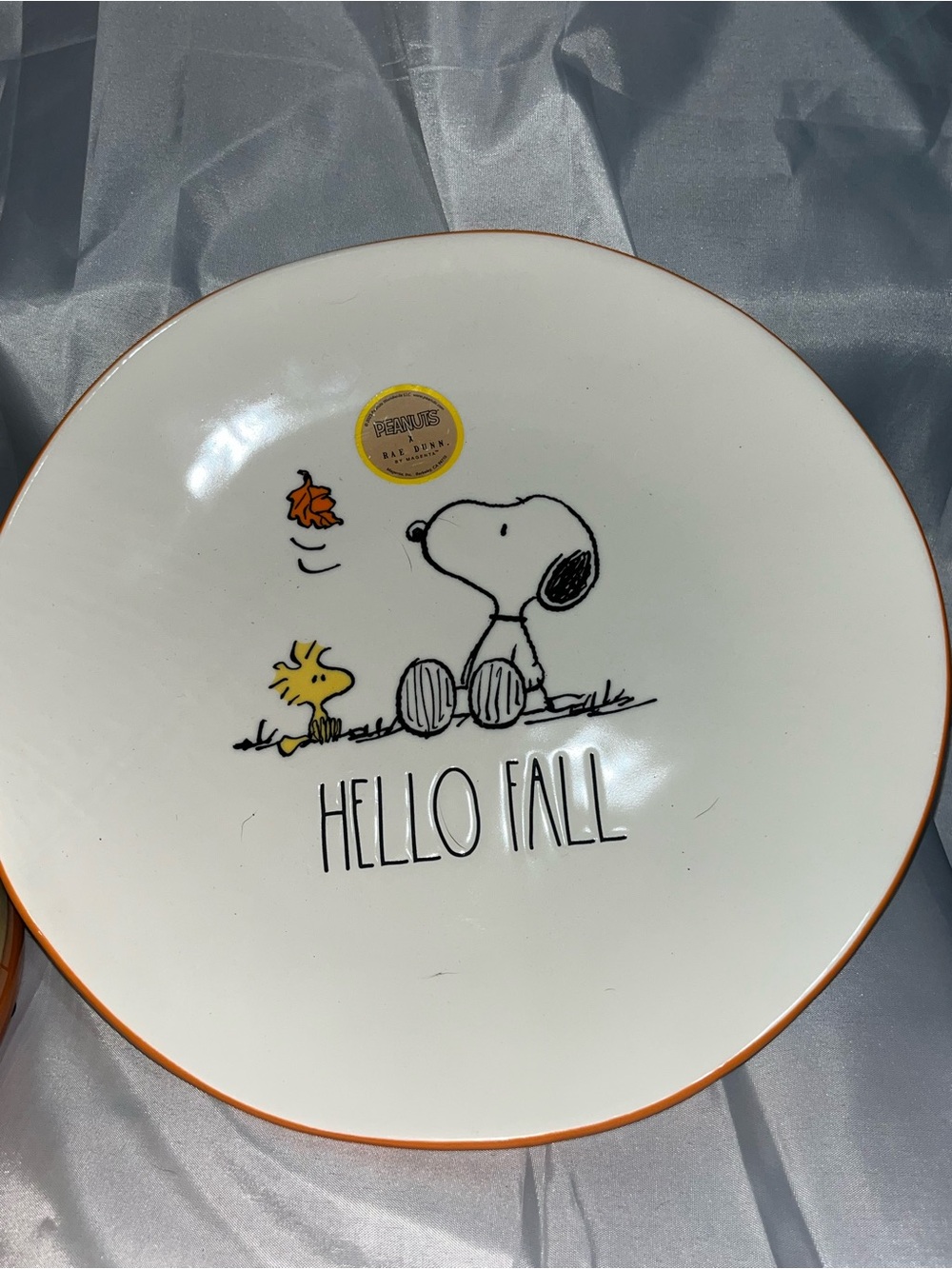 Peanuts X Rae Dunn White Ceramic 'Hello Fall' Plate with Orange Rim NEW